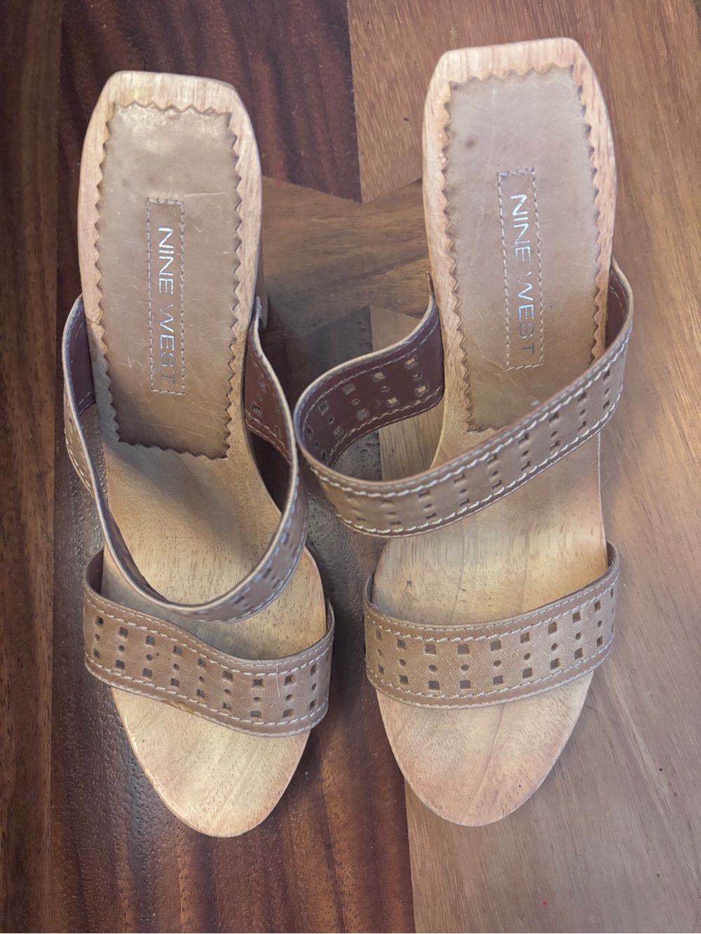 Nine West Tan Perforated Leather Slide Mules - size 7